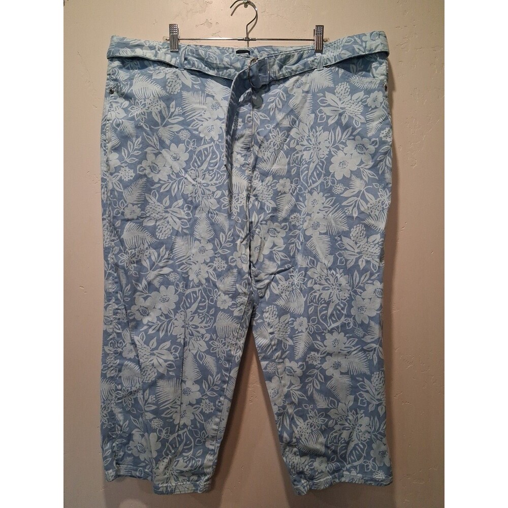 VTG Basic Editions Sz 24W Blue Tropical Leaf Print Wide Leg Cropped Denim Pants